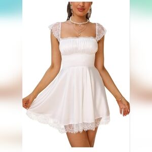 Women's Satin Lace Strap Mini Dress Square Neck Flowy A-Line Ruffle Swing Casual